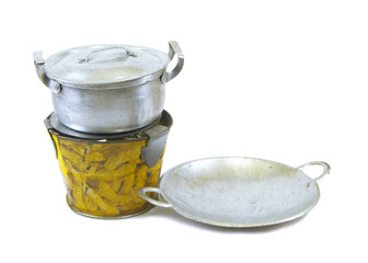 Pot pan and stove tin toy on white background
