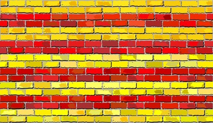 Grunge flag of Catalonia on a brick wall,
Catalan national flags on brick textured background, 
Catalonia's flag painted on brick wall,
Catalonian flag in brick style - obrazy, fototapety, plakaty
