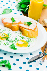 Breakfast. Fried eggs and sandwiches