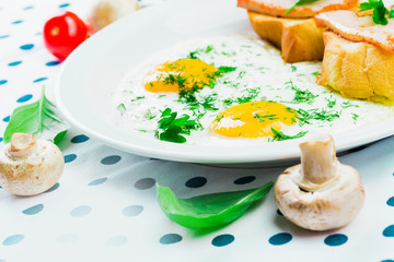 Breakfast. Fried eggs and sandwiches