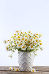 Beautiful bouquet of daisies in vase on light background