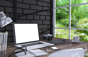 3D illustration laptopand work stuff on table near brick wall