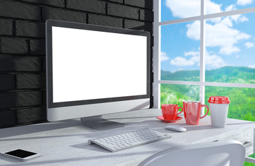 Fototapeta premium 3D illustration PC screen on table in office, Workspace