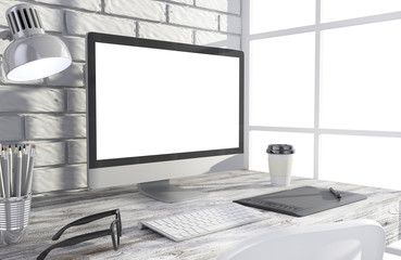 Fototapeta premium 3D illustration PC screen on table in office, Workspace