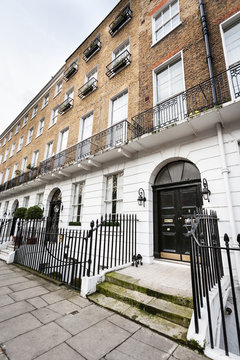 Bloomsbury, London. A typical street scene in the central London district of Bloomsbury with familiar Georgian architecture facades to urban housing.