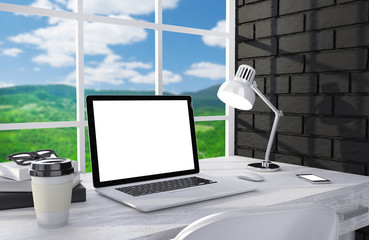 Fototapeta premium 3D illustration laptopand work stuff on table near brick wall