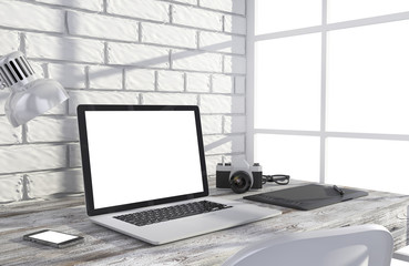 Fototapeta premium 3D illustration laptopand work stuff on table near brick wall