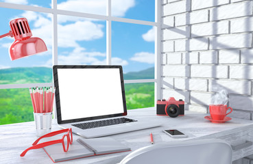 3D illustration laptopand work stuff on table near brick wall