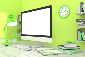 3D illustration PC screen on table in office, Workspace