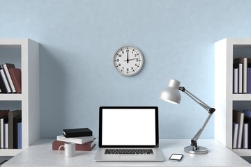 3D illustration laptop and books, Workspace