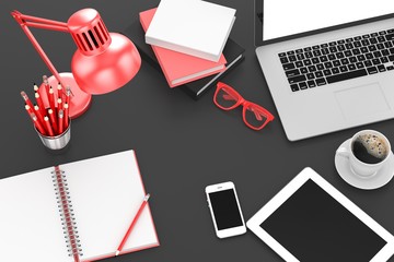 laptop and office stuff, workplace, top view