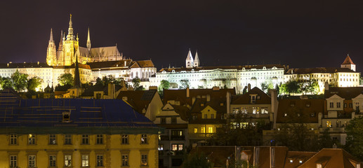 Illuminated Prague Castle in summer by night, Czech Republic, Europe