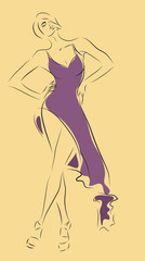Fashion Woman Sketch. Vector of a Girl with Purple Dress