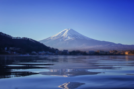 Mt Fuji in the early morning with reflection on the lake kawaguchiko