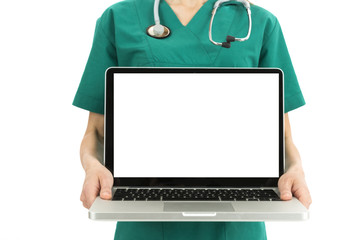 Doctor presenting copy space on computer