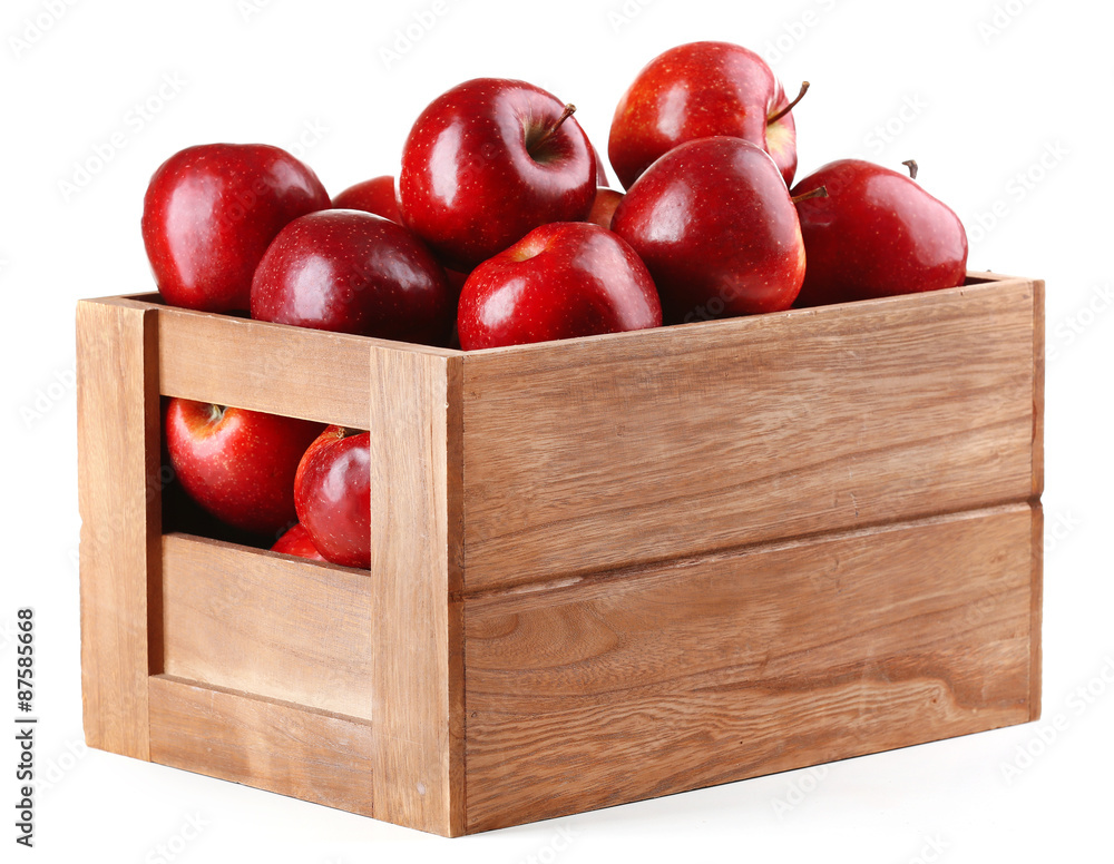 Poster red apples in wooden crate isolate on white