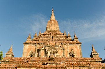 Fototapeta premium the front of ancient Htilo Minlo pagoda at dawn with blue sky bl