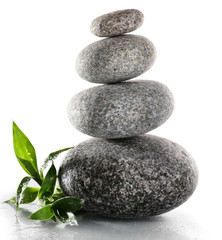 Fototapeta na wymiar Stack of spa stones with green leaves isolated on white