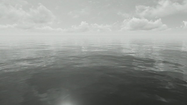 Black and white time lapse of the clouds moving towards camera over mirror wavy surface