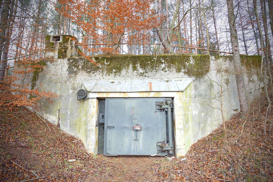 Cold war Soviet Union nuclear military bunker in forest, Podborsko, Poland.