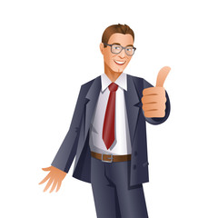 Handsome businessman showing thumbs up gesture. Vector