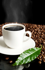 Cup of coffee,haze,green leaf and coffee beans on black