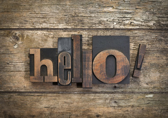 hello, word written with vintage letterpress printing block