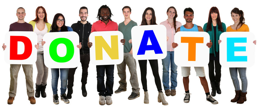 Group of young multi ethnic people holding word donate money don