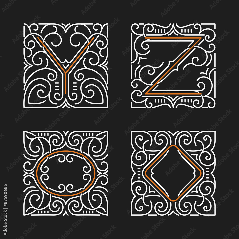 Poster the set of monogram emblems. elegant frames ornament logo design in line style with letters y, z. ve