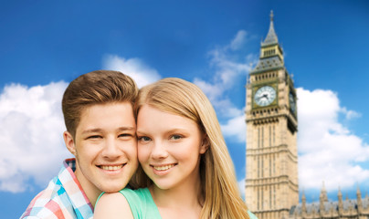 happy couple over big ben tower in london