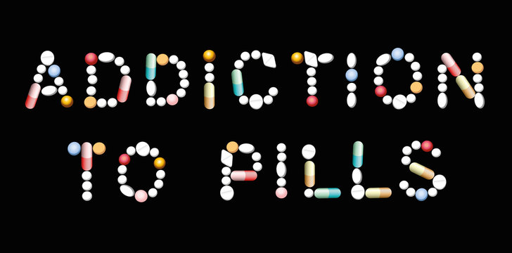 ADDICTION TO PILLS written with tablets, pills and capsules. Vector illustration on black background.
