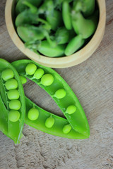 Fresh green soybeans on a wooden vintage