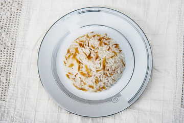 Turkish traditional meal, beans, rice, mixed pickles and tzatziki