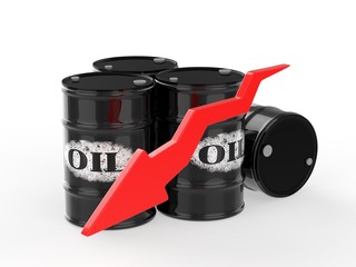 Oil Barrels with Red Arrow down. Financial crisis