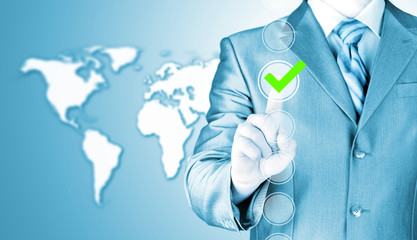 business man touching, pressing modern button with green ticking