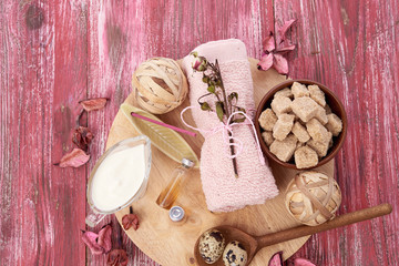Composition of spa treatment on wooden background