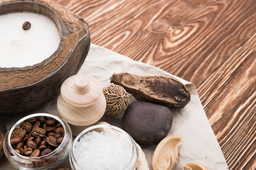 coffee beans, Spa stuff with candles in coconut