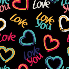 Vector seamless pattern with hand drawn words love you and multi