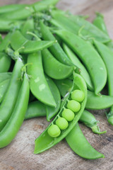 Fresh green soybeans on a wooden vintage