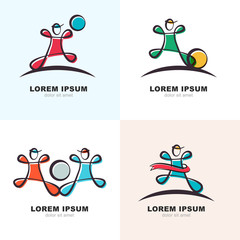 Set of vector logo icons. Man with ball and winner ribbon, sport