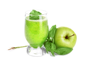 Glass of green healthy juice with basil and apple isolated on white