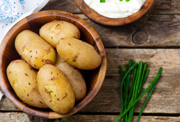 boiled young potato with cottage cheese sauce. German cuisine.