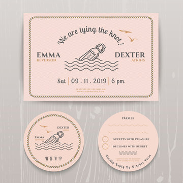 Nautical message in the bottle wedding invitation and RSVP card