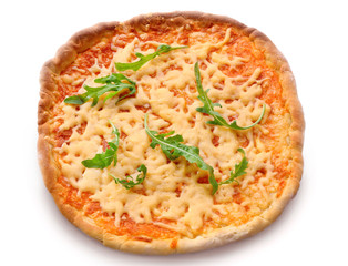 Cheese pizza with arugula isolated on white