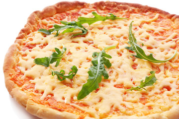 Cheese pizza with arugula close up