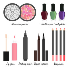 Cosmetics for a make-up set 3. Meteorites powder, nail lacquer or nail polish - burgundy, green and purple, lip gloss, makeup eraser, brown and black liquid eyeliners, four colors of lip pencils