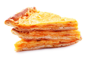 Slices of tasty cheese pizza isolated on white