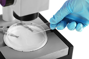 Scientist working with microscope in laboratory