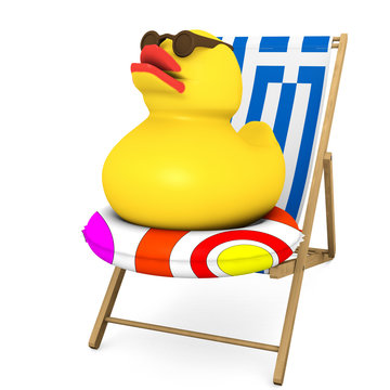 Squeaker duck sitting in the wooden deck chair