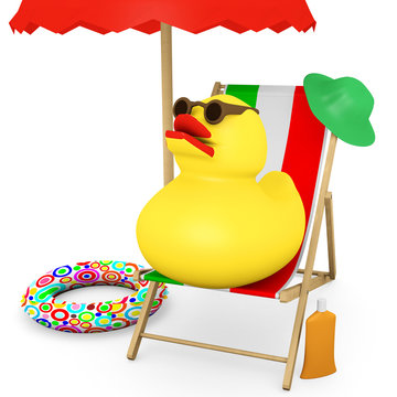 Squeaker duck sitting in the wooden deck chair